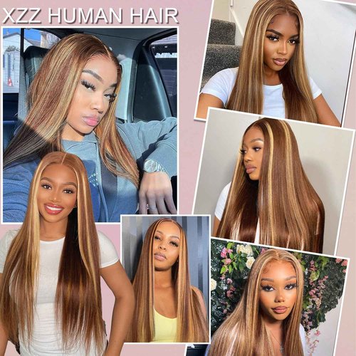 XZZ 28 Inch Highlight Ombre Lace Front Wig Human Hair 13x4 HD Lace Front Wigs Pre Plucked With Baby Hair Honey Blonde 4/27 Color Straight Balayage Lace Front Wigs 200% Density Glueless Frontal Wig