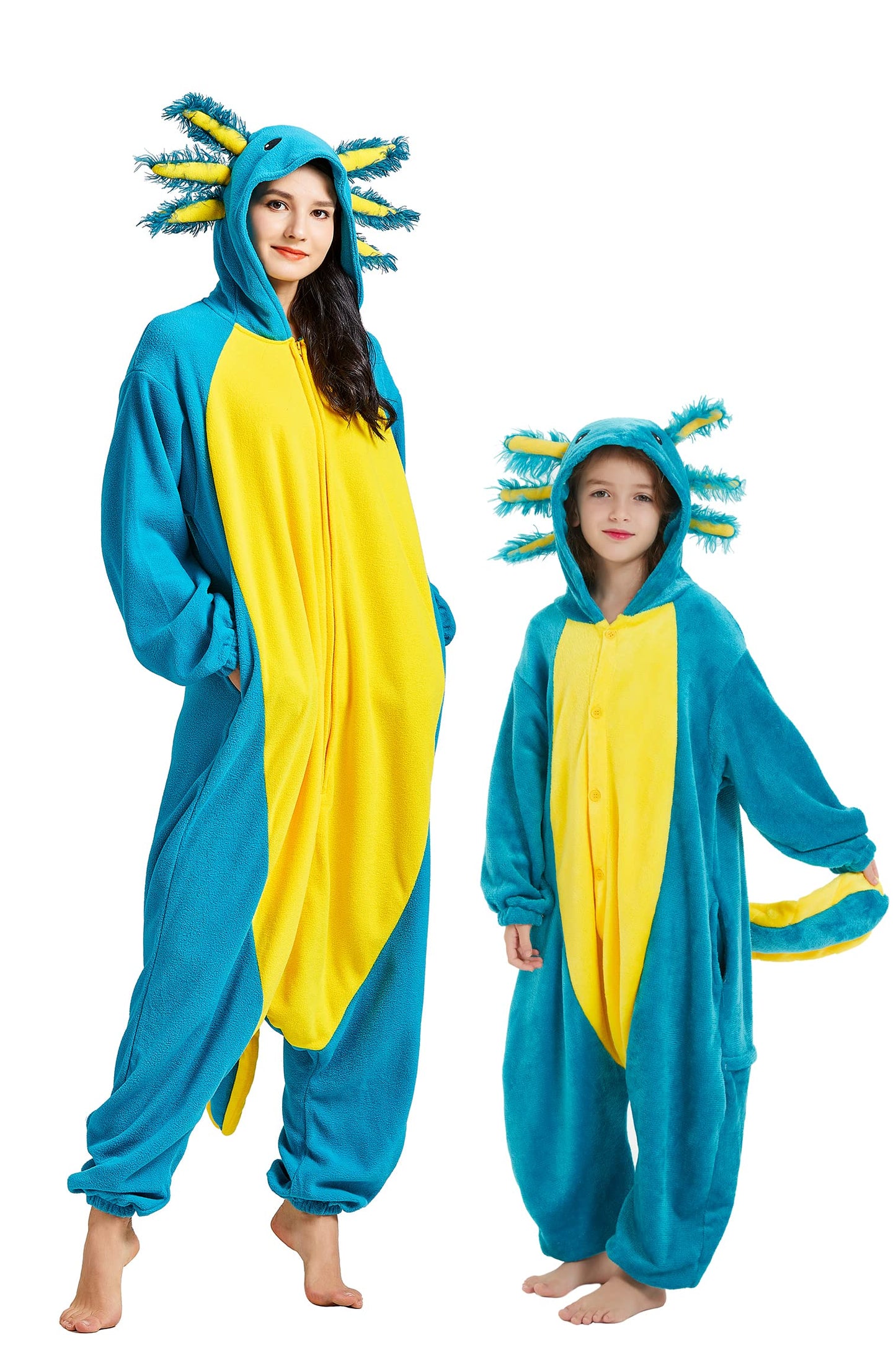 DELEY Unisex Adult Axolotl Onesie Pajamas, Flannel Animal One Piece Costume Sleepwear Halloween Cosplay Homewear Blue Axolotl