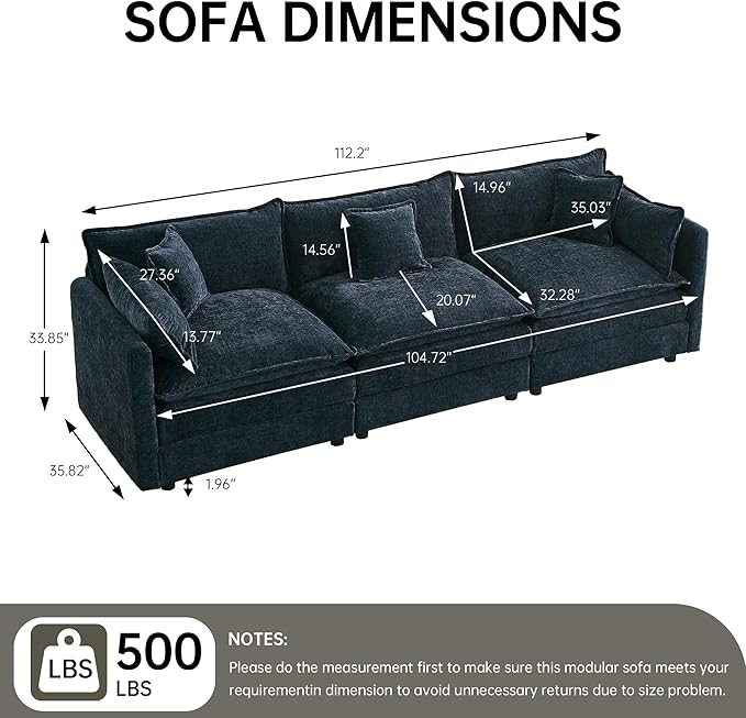 saows Modular Sectional Sofa, 112.2 Inch Rectangle Shaped Couch Set with Armrests, 3-Seater Comfy Cloud Couches for Living Room Apartment, Blue