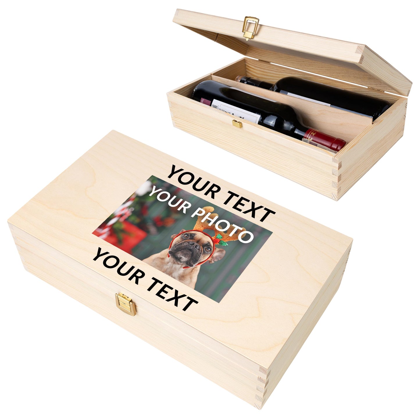 Creative Deco Personalized Wine Wooden Box Gift Storage | 2 Bottles | Text + Photo | 13.77x7.87x3.93in | Natural Wood Holder | Luxury Box Christmas Birthday Wedding Valentine’s Day | UV Print