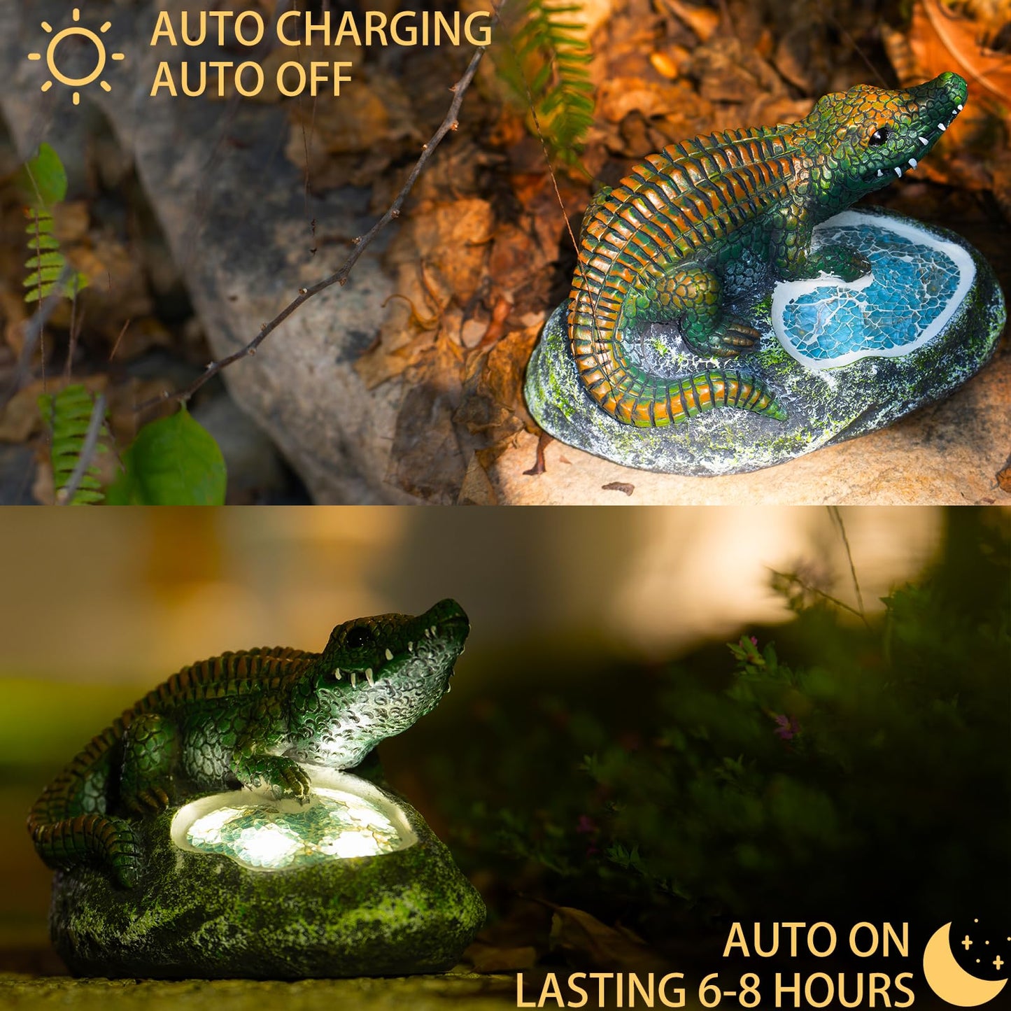 Rezpuao Garden Statue Crocodile,Solar Crocodile Decor for Outdoor,Resin Crocodiles Figurine with Solar Light for Patio,Balcony,Yard,Lawn Ornament,Perfect Garden Gift