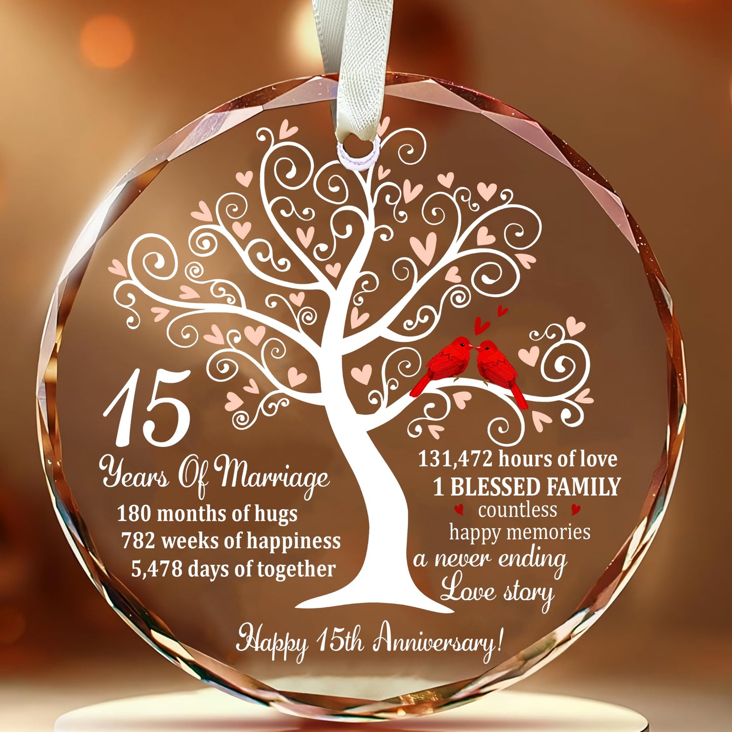Bozspacer 15th Wedding Anniversary Ornament for Parents Couple Wife Husband - Crystal Anniversary Wedding Gift Ideas - Glass Ornament for 15 Years Marriage