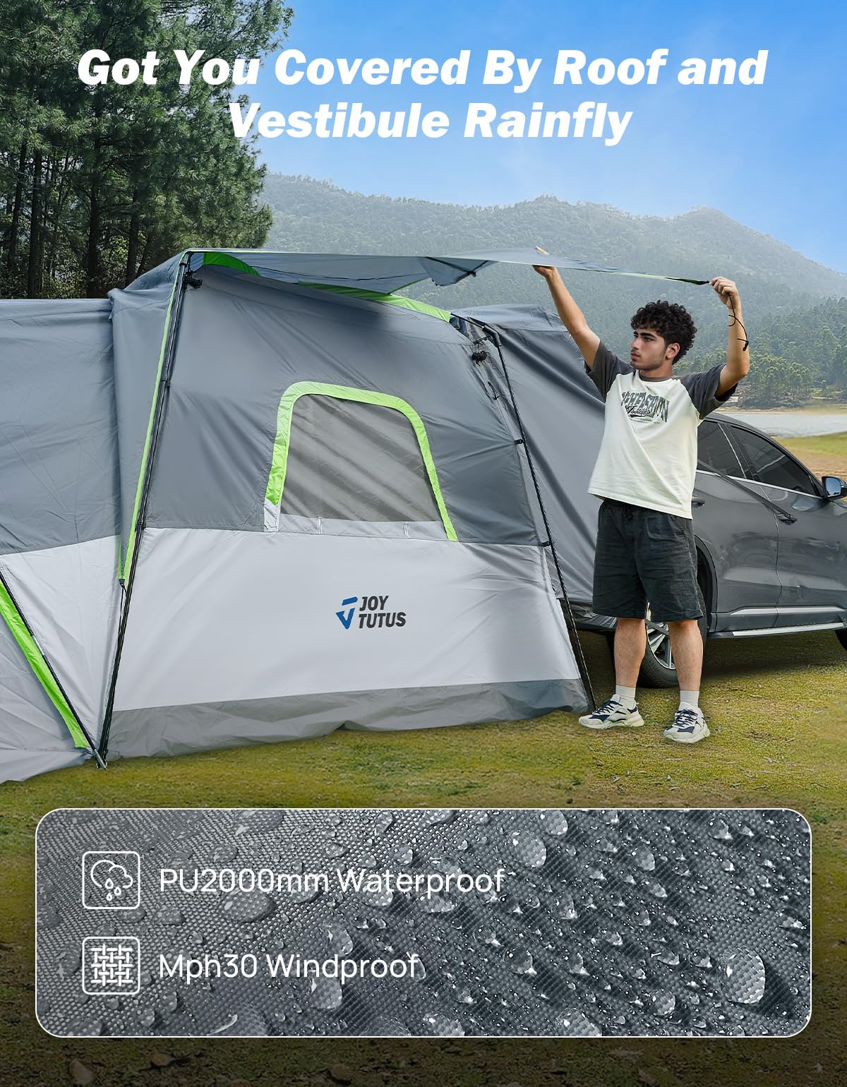 JOYTUTUS SUV Tent with Screen Porch, Rainfly and Awning for Family Camping, 60% More Space Car Tent for 5-9 Person, Dual-Use Camping Tent with 2 Rooms, Double Door, Starry Sky Roof, Gray Green