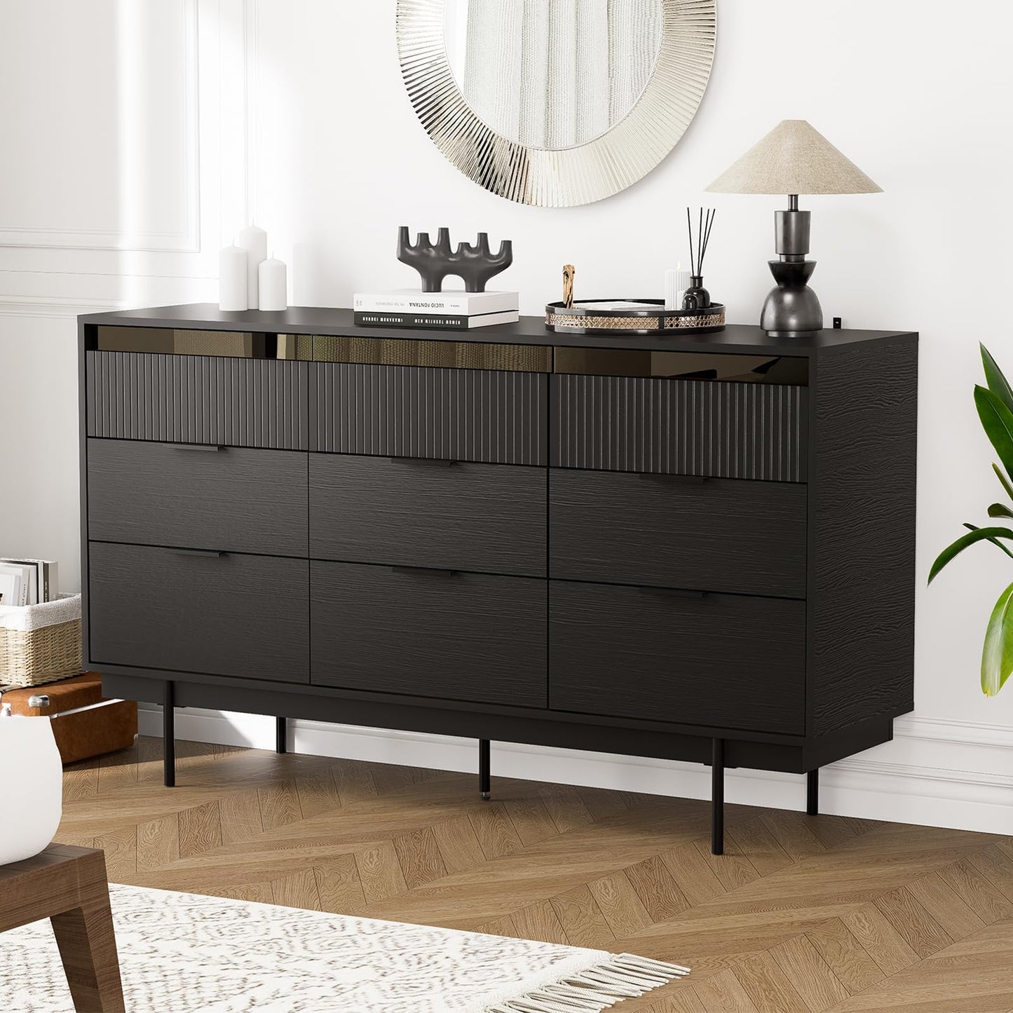MEISSALIVVE 9 Drawer Dressers for Bedroom, Wide Chest of Drawers, Deep Drawer Dresser, Modern Storage Organizer Dresser, Black Long Dressers for Closet Living Room (59" W x 16" D x 34" H)