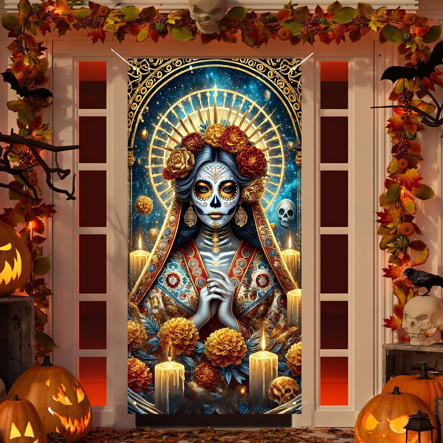 Dia De Los Muertos Door Cover Day of The Dead Front Porch Door Sign Banner Gothic Halloween Sugar Skull Marigold Flowers Decorations and Supplies for Home