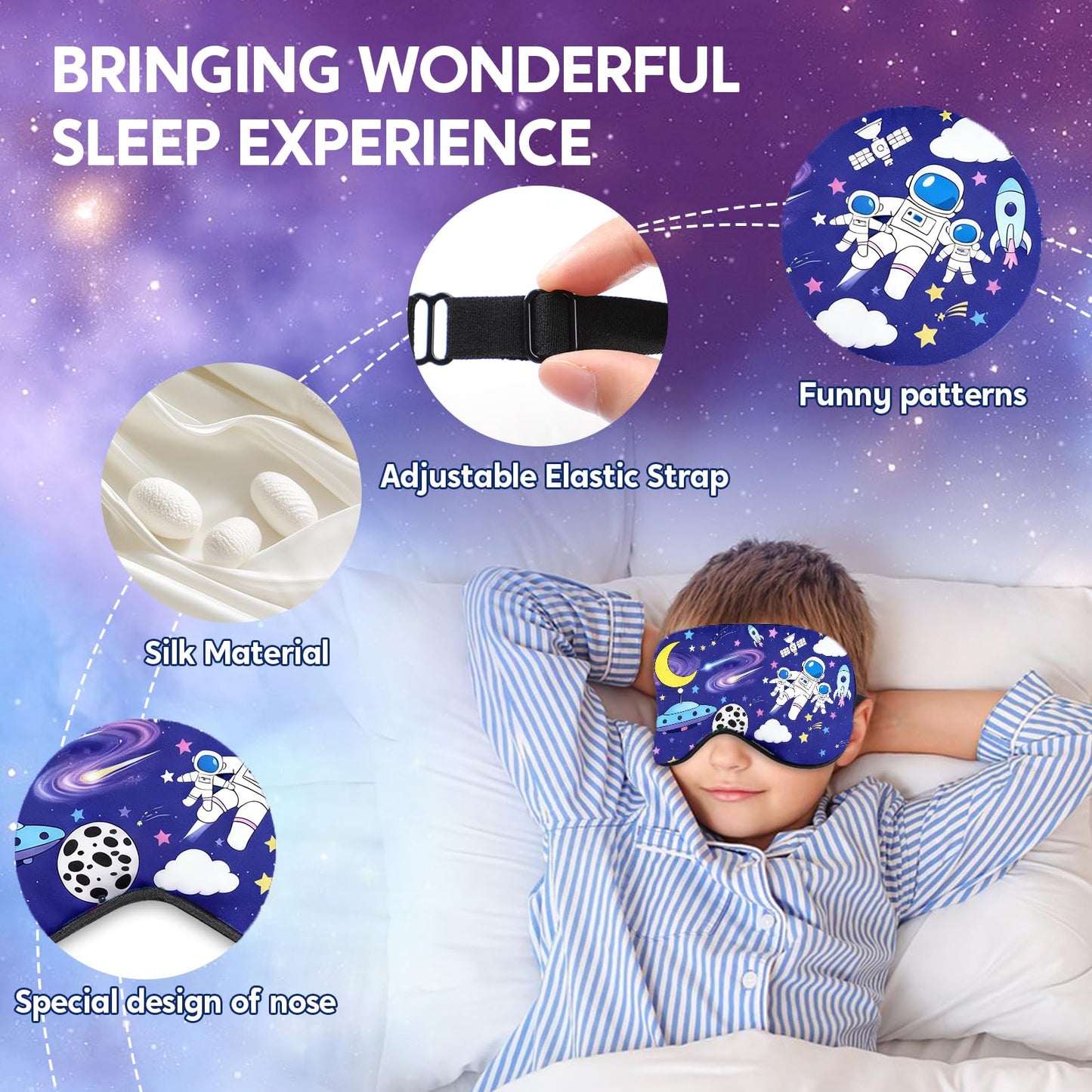 2 Pcs Sleep Mask for Kids Boys, Silk Eye Covers for Sleeping, Adjustable Strap & Light Blocking Design, Children's Bedtime Blindfold for Travel and Home Use (Astronaut)