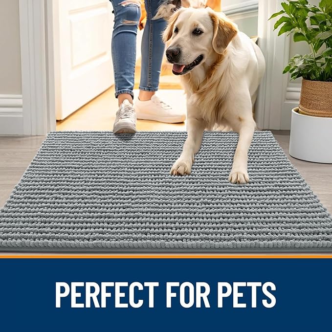 OLANLY Dog Door Mat for Muddy Paws 34x21, Ultra Absorbent Chenille Mud Doormat, Non-Slip Washable and Dirt Trapping Doormat for Indoor Entryway, Quick-Dry Indoor Pet Bed Mats for Dogs, Grey