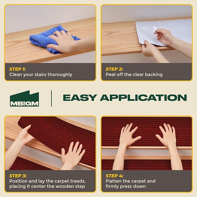 MBIGM 8" X 30" (15 in Pack) Non-Slip Carpet Stair Treads Non-Skid Safety Rug Slip Resistant Indoor Runner for Kids Elders & Pets w/Reusable Adhesive Red Anti-Slip Stair Strips - Washable Stair Treads