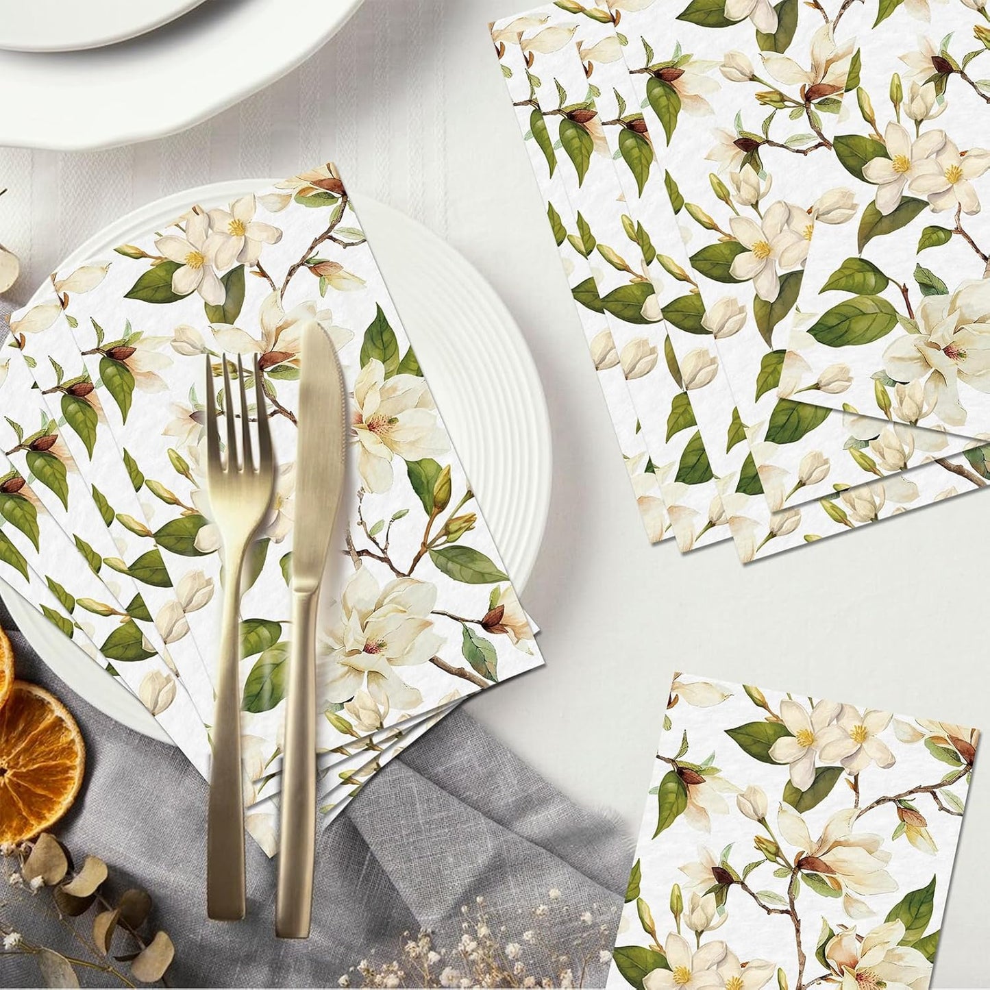 60 Pack 3 Styles Floral White Magnolia Blossom Guest Napkins Disposable Paper Spring Flowers Dinner Hand Napkin for Bathroom Wedding Holiday Anniversary Birthday Party Bridal Decorative Towels