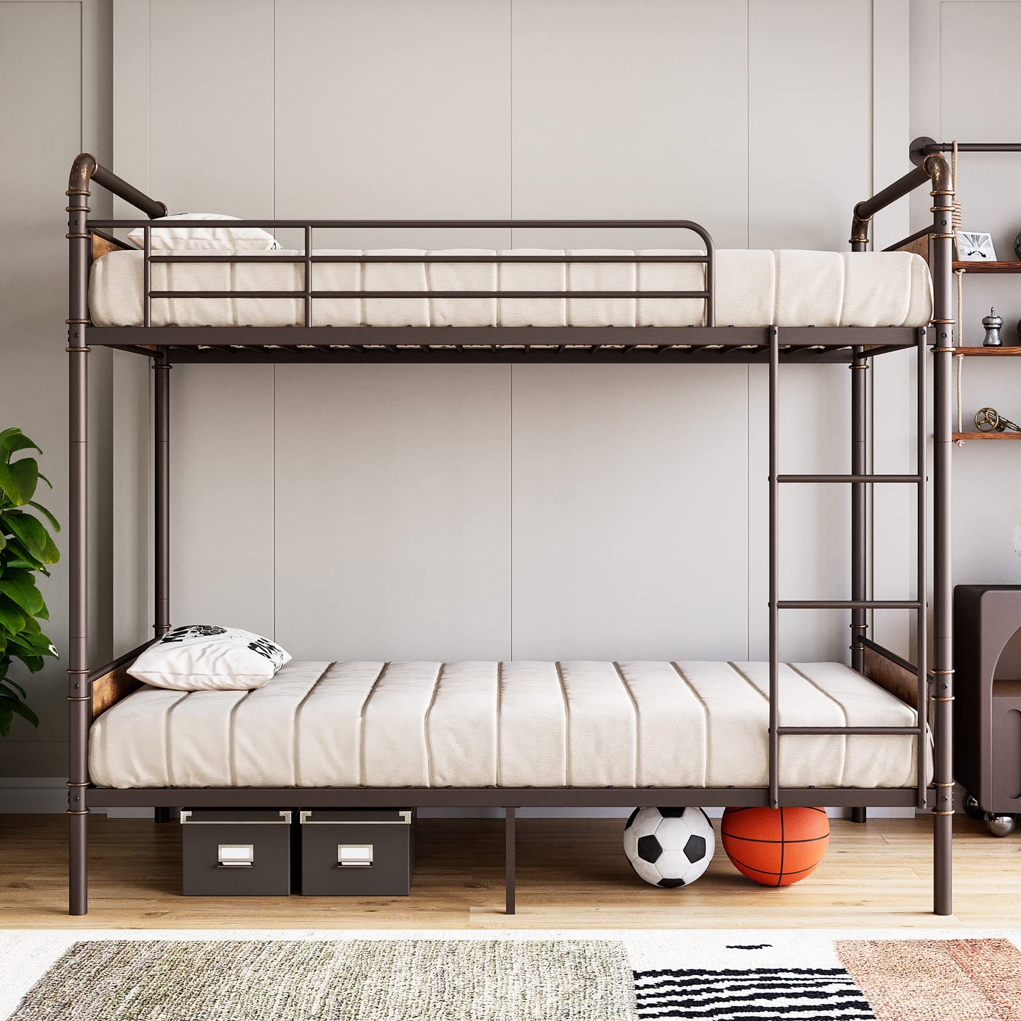 IDEALHOUSE Metal Bunk Bed Twin Over Twin, Twin Bunk Beds, Heavy Duty Twin Size Metal Bunk Bed with High Guardrail & Ladders, Convertible Bunk Beds for Kids Adults, No Box Spring Needed