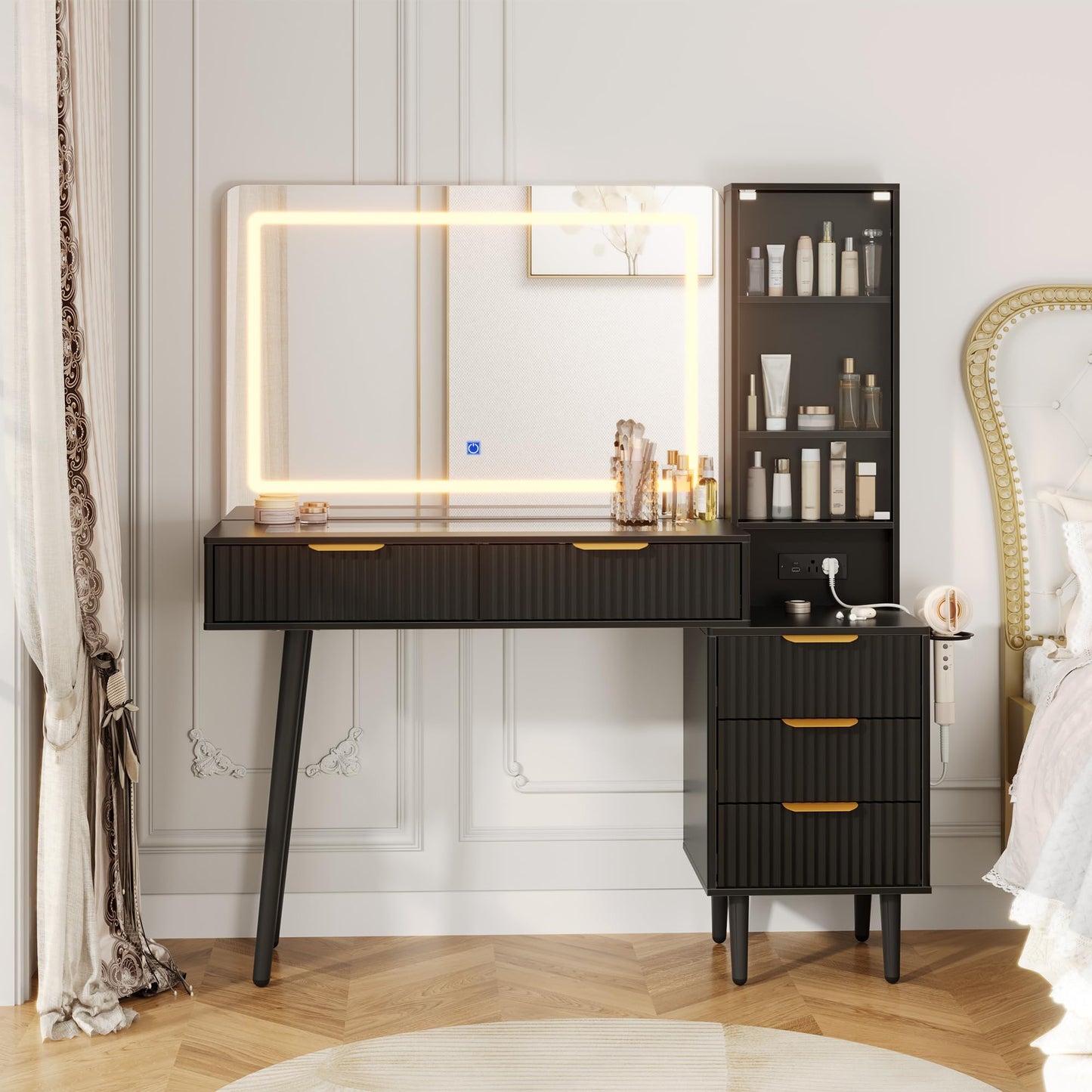 GarveeTech 48" Makeup Vanity Table, with 5 Drawers & 3-Tier Shelves, Fluted Vanity Desk with 36" Lighted Mirror, Charging Station, Wood Dressing Table with Glass Top, for Bedroom
