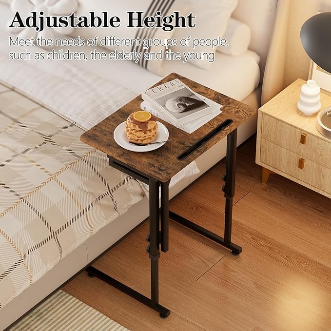 Katrawu Folding TV Tray Dinner Table for Living Room,Adjustable Height Tv Tray,Portable Dinner Snack Trays Table,Small Foldable C-Shaped End Table for Eating with No Assembly Required (Brown)
