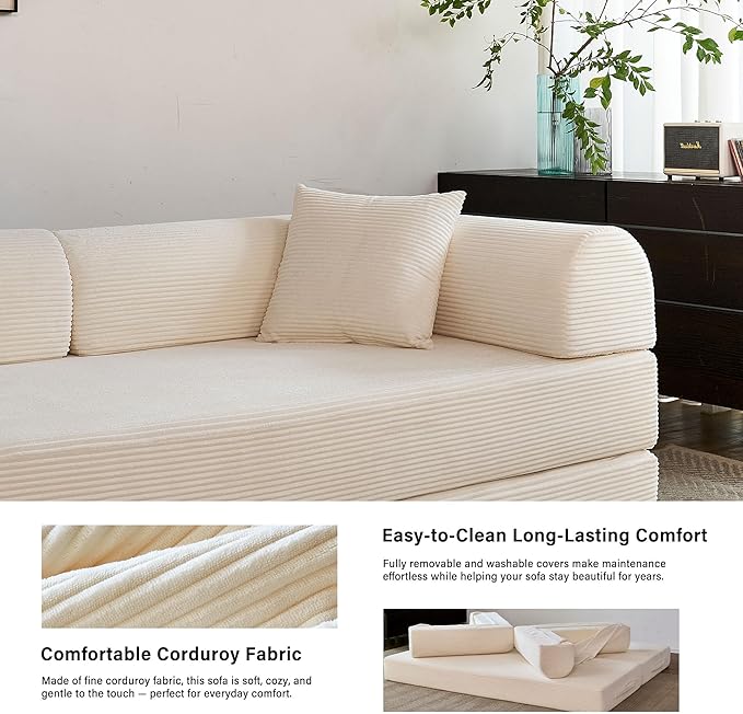 79" 5-in-1 Folding Convertible Sofa Bed, Oversized Corduroy Futon Floor Couch with Pull-Out Sleeper, Modular Boneless Loveseat for Small Spaces, Living Room, Bedroom (White1)