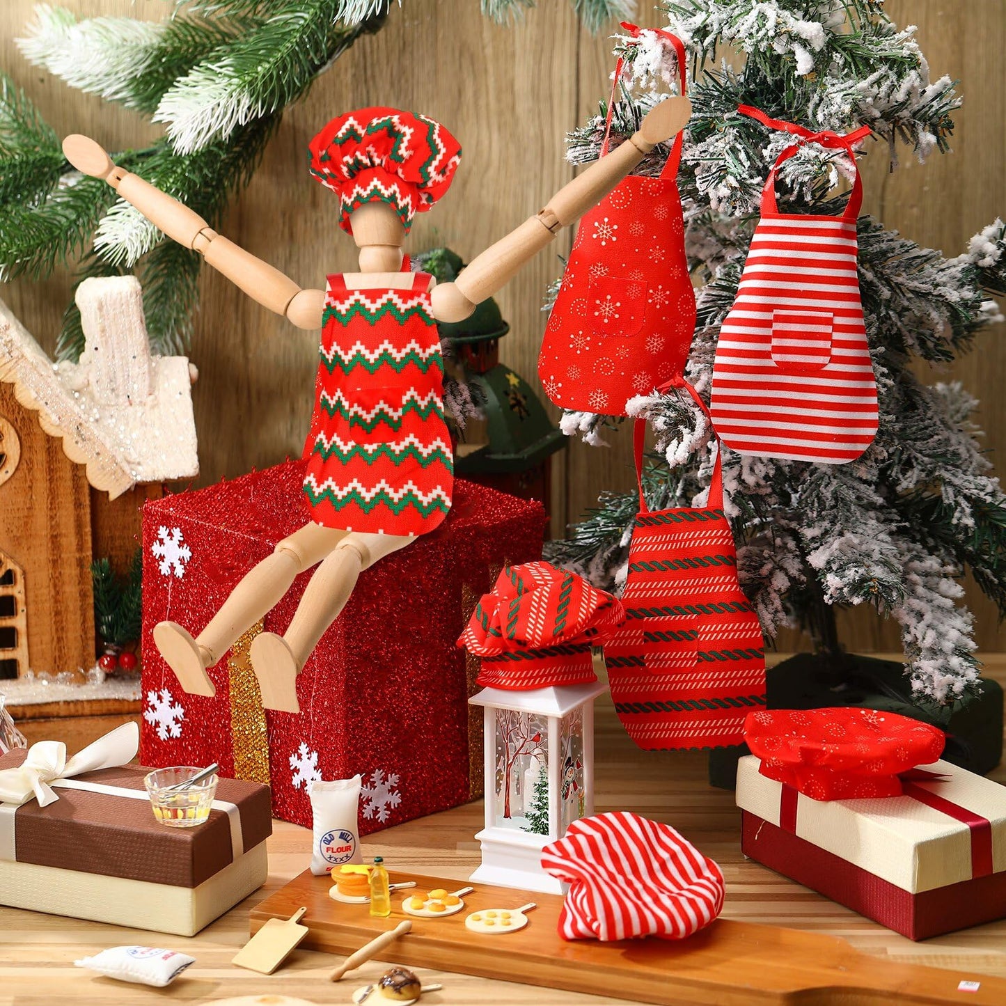 Kajaia 30 Pcs Christmas Accessories Mini Doll Baker Outfit Set Include Baking Apron and Hat Miniature Rolling Pin Flour Egg Bowl Cookie Tray Whisk, Doll is Not Included