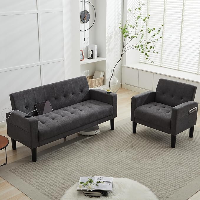 TYBOATLE Sofa Couch, Living Room Furniture Sectional Sofa Sets 2 Pcs, Tufted Mid-Century Loveseat w/USB, Cupholders & Comfy Single Sofa for Small Space, Apartment, Office (Dark Grey)