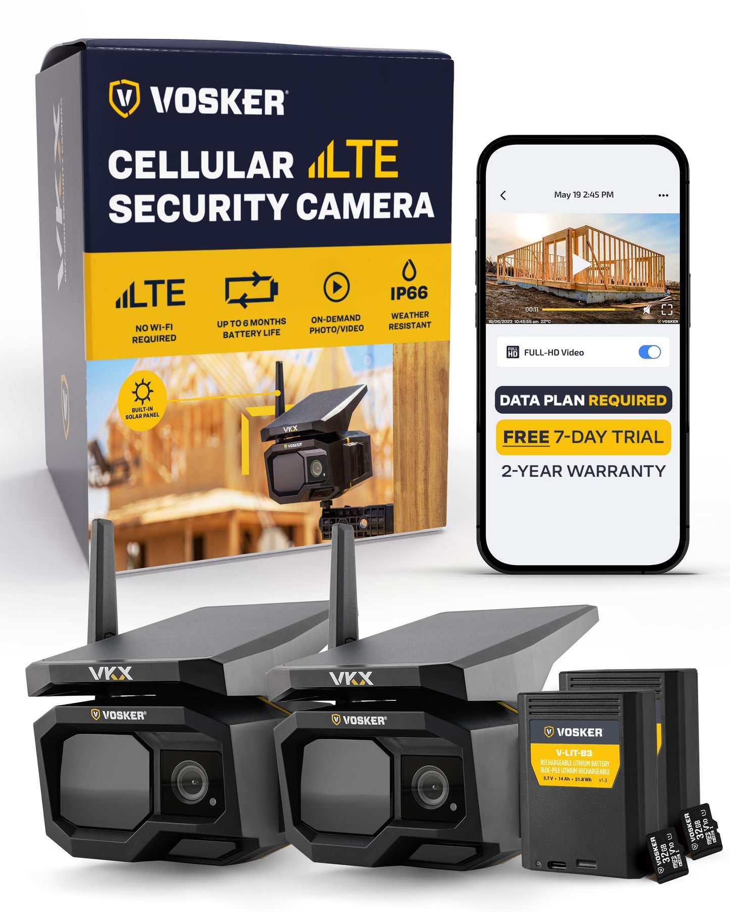 Vosker VKX Solar Powered 4G-LTE Outdoor Cellular Security Camera - No WiFi Needed, Motion Activated, Night Vision, SIM Card Included, IP65 Weather-Resistant, Photos & 15s Video Requests (2 Pack)