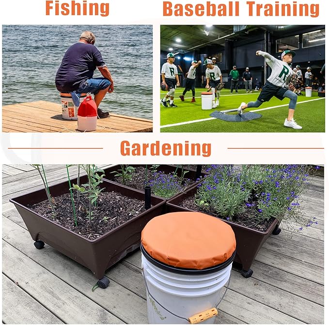 Foxtune 360-Degree Swivel Bucket Seat, 5 Gallon Bucket Lid, Spin Bucket Seat Cushion, Silent, Comfortable, Water-Resistant, for Fishing, Gardening, Hunting and Camping (Orange)
