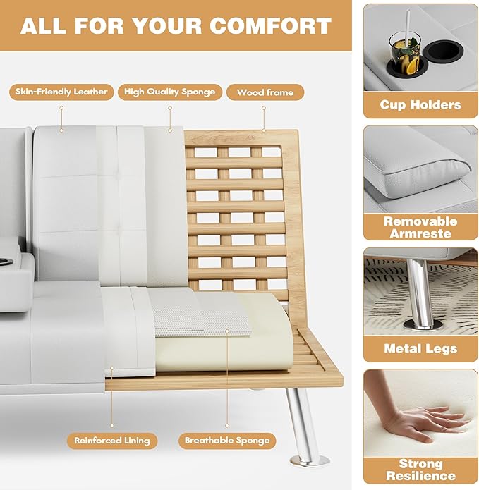 JUMMICO Faux Leather Futon Sofa Bed Futon Couch with Removable Armrests Adjustable Sleeper Sofa Bed with 2 Cup Holders for Living Room (PU Leather, White)