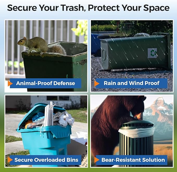 2PCS Heavy-Duty Bear Proof Trash Can Locks - Animal-Proof Garbage Can Lid Straps for 28-96 Gallon Outdoor Bins, Secure Locking Buckle Against Raccoons & Wildlife