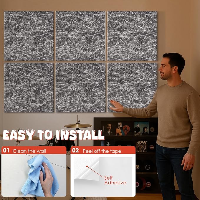 EVENRISING Acoustic Wall Panels 6 Pack, 24"x24"Decorative Art Soundproof Panels, Sound Absorbing Self-Adhesive Panel, Acoustic Treatment for Studio, Home Theater, Office (Storm AuraGrain)