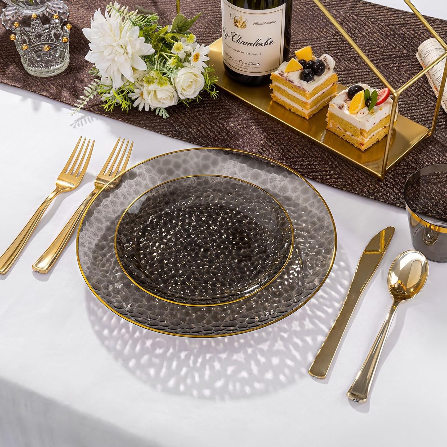 Rubtlamp 60Pcs Black Plastic Plates, Black Disposable Plates With Gold Rim, Clear Heavy-duty Party Plates, Hammered Plastic plates Include 30 Dessert Platos, 30 Dinner Platos for Party, Halloween