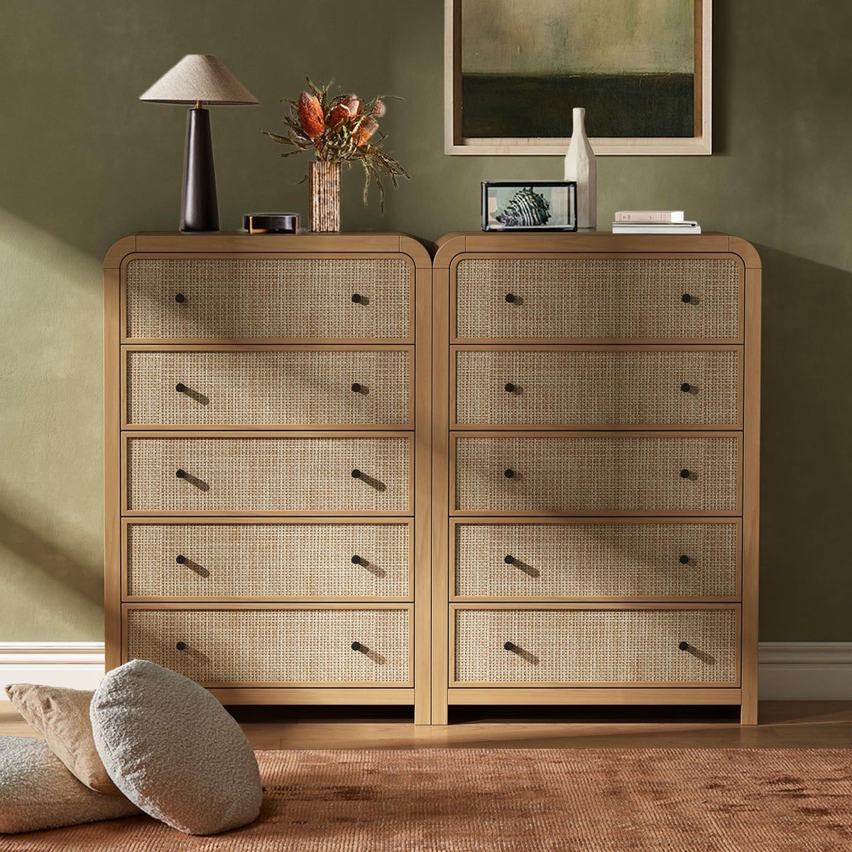 Oak&Sparrow 5 Drawer Tall Dresser for Bedroom, 47'' Rattan Dresser with Ample Storage, Boho Chest of Drawers, Thickened Curved Profile Design, Oak Dressers for Bedroom, Living Room