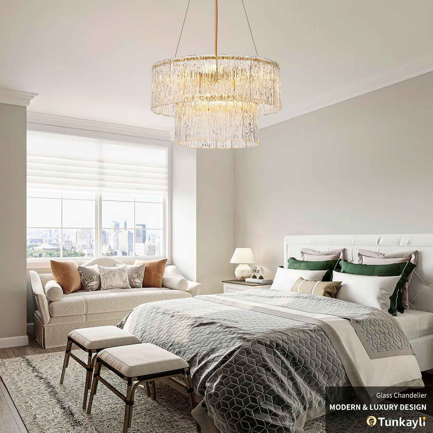 Tunkayli 20" Crystal Chandelier Modern Gold Glass Chandeliers 2-Tier Round Elegant Luxury Lighting 6-Light Drum Crystal Chandelier for Dining Room Kitchen Restaurant Foyer Bedroom Living Room