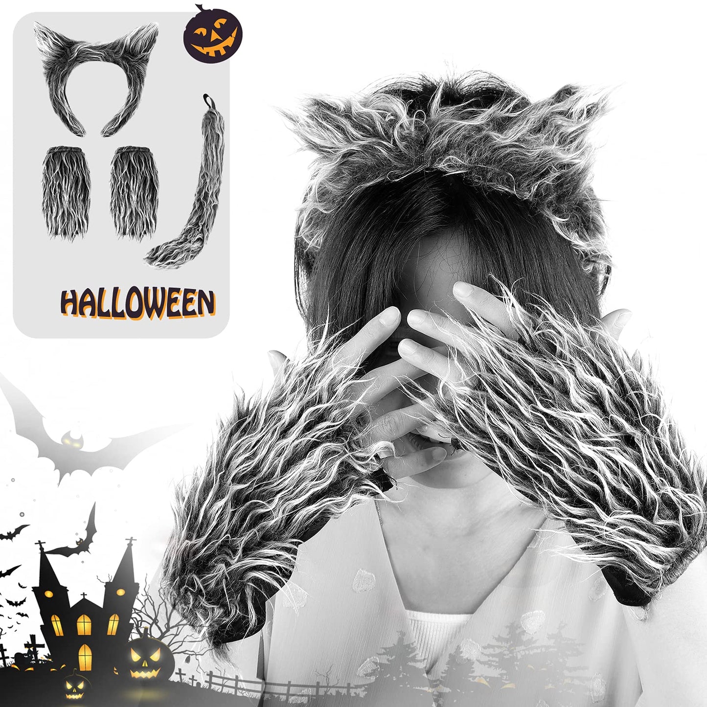 Exlinonline Werewolf Wolf Costume With Headband,Gloves,Ears and Tails For Mens,Women, Kids,Boys, Girls All In One Halloween Dress-Up Accessories Kit