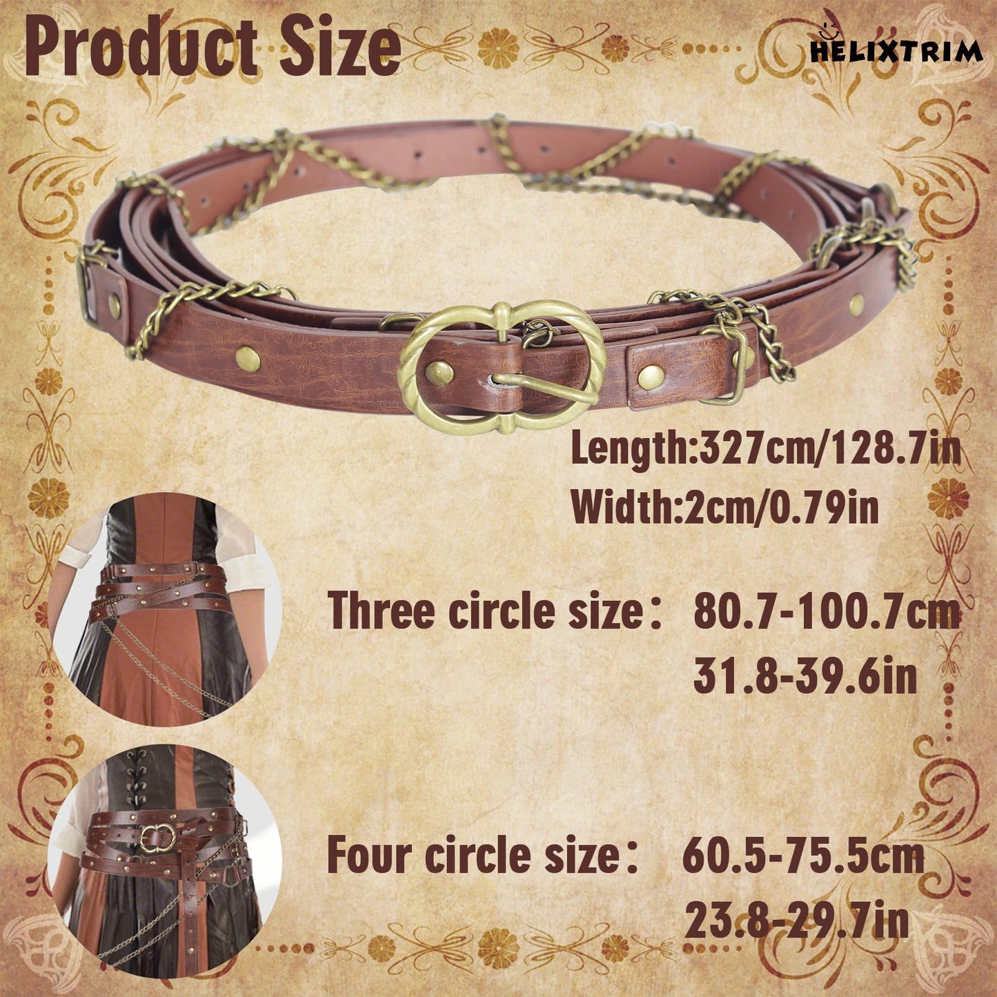 HelixTrim Renaissance Belt Medieval Thin Viking Style Pirate Belt for Women with Gold Chain Faux Leather Accessories Extra Long Plus Size for Ren Faire,LARP,Elf Fairy Cosplay Gift,Brown