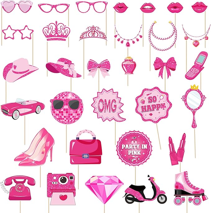 VorkiVecKi Girls Photo Booth Props - Bachelorette Party Photography Prop 33 Pcs Hot Pink Photobooth Prop Party in Pink Bir...