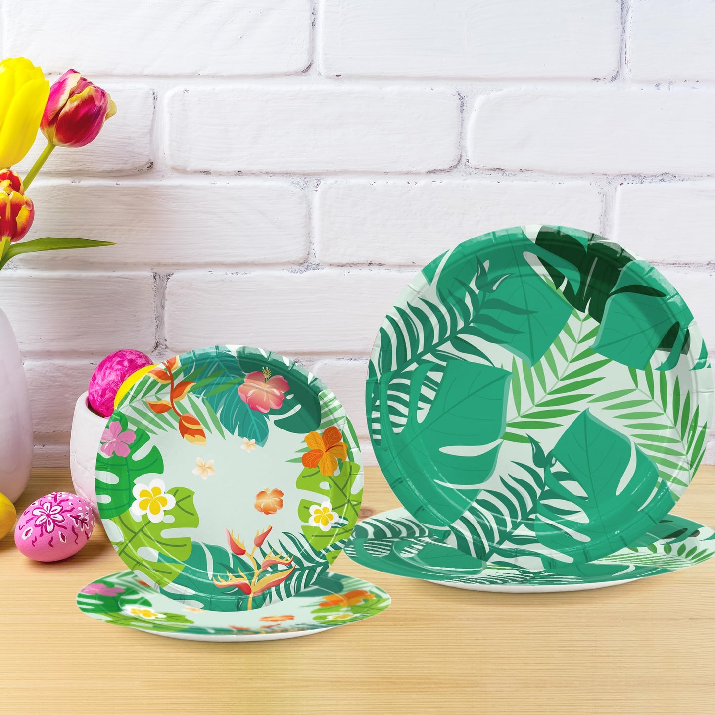MDDRUIQI Luau Party Decorations - 36 Pack Hawaiian Plates - Tropical Party Decorations with Hibiscus Flowers & Palm Leaf | Hawaiian Themed Supplies for Summer Pool Beach Decor