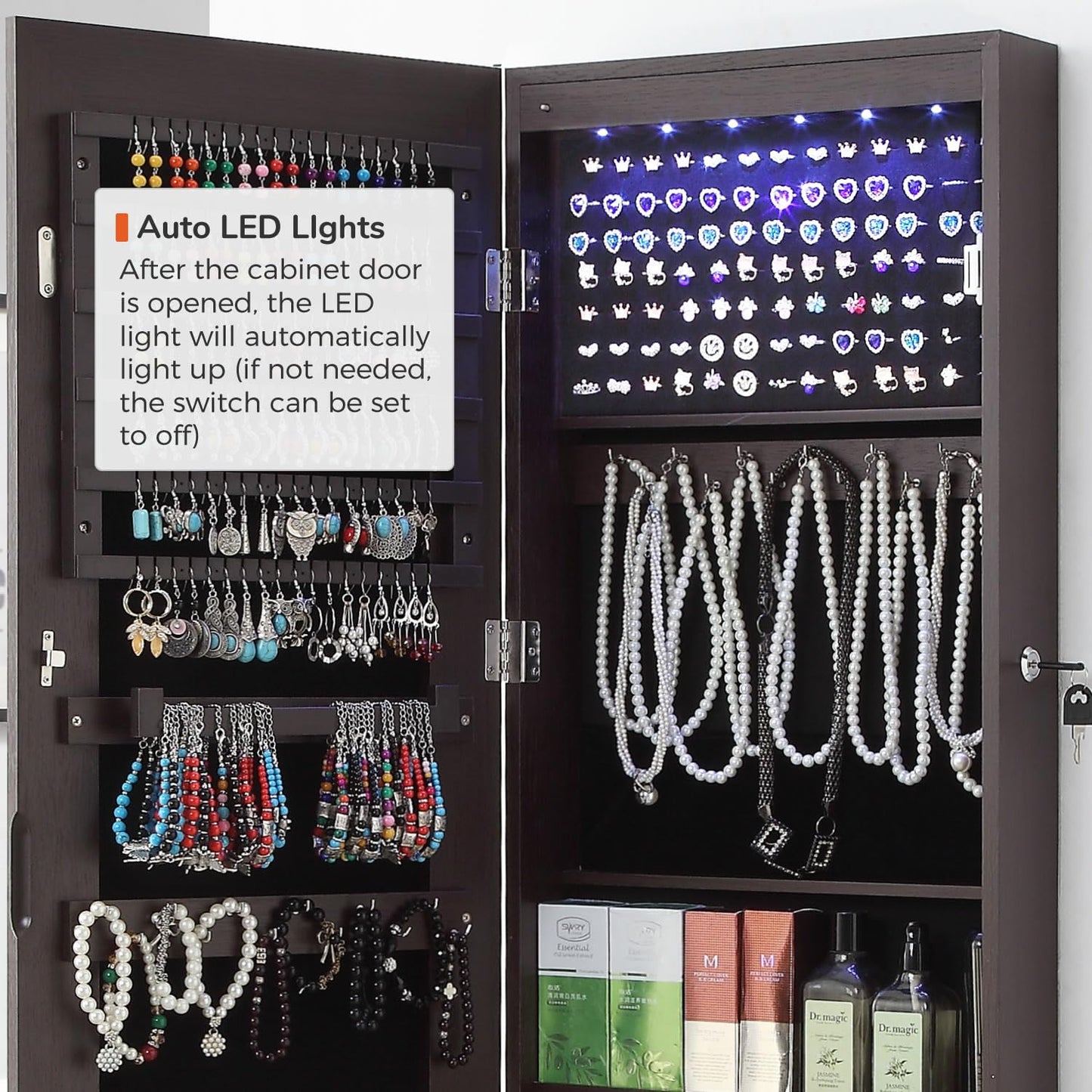 GISSAR Full Length Mirror Jewelry Cabinet, 6 LEDs Jewelry Armoire Wall Mounted Over The Door Hanging, Jewelry Organizer Storage with Lights Lockable, Brown, 14.6" x 47.2"