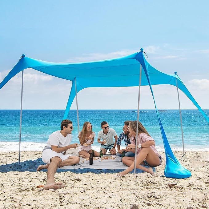 AMMSUN Beach Tent Portable Sun Shelter,9X 9ft Beach Canopy Easy Setup, 9'x9'Lycra Sun Shelter with UPF50+ Protection 4 San...