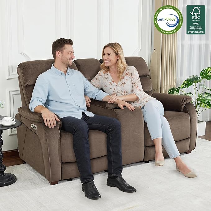 MCombo 73.8'' Wall Hugger Power Loveseat Recliner, Reclining Loveseat with Console, Adjustable Headrest, USB Charge Ports, Cup Holders, for Living Room, RVs, Small Spaces, Fabric ST258M2 (Coffee)
