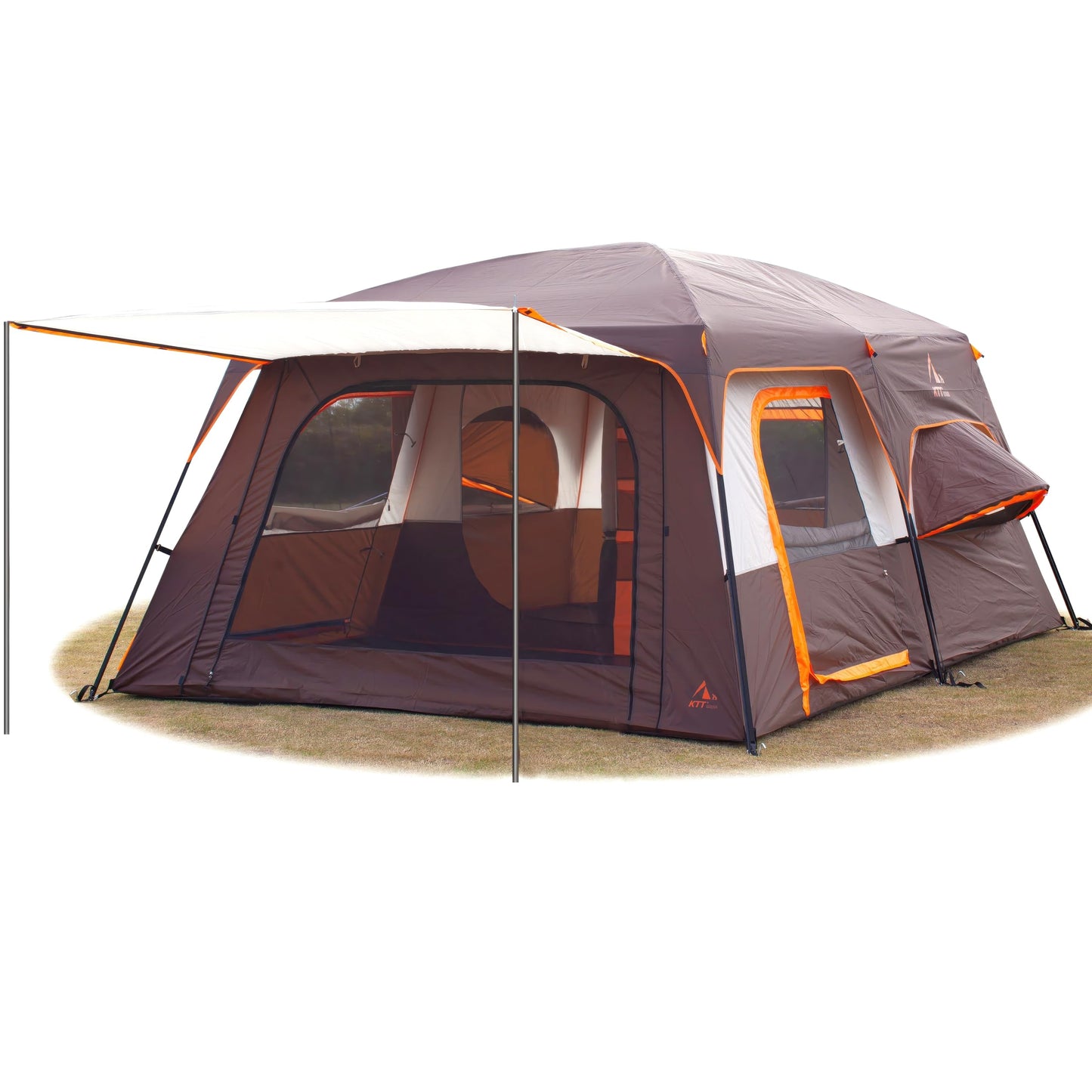 KTT Extra Large Tent 12 Person,2 Bay-Windows,Family Cabin Tents,14'Lx10'Wx6.58'H,2 Rooms and 3 Doors 3 Windows with Mesh,Waterproof,Straight Wall,Big Tent for Outdoor,Picnic,Camping,Gathering(Brown)