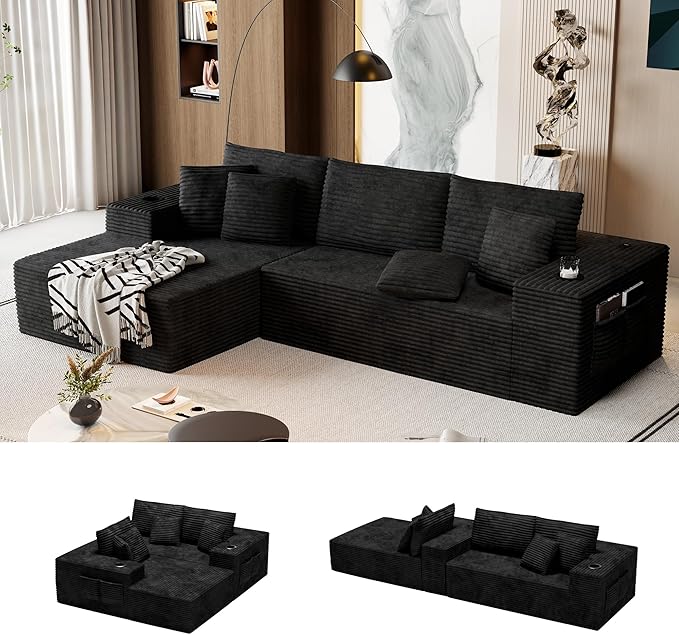 Cibert 104.3" Modular Sectional Sofa, Black Boneless Couch Left Chaise L Shaped Couch with USB Ports, 2 Cup Holders, 2 Side Storage Bags & Lint Remover, No Assembly Sectional Couches for Living Room