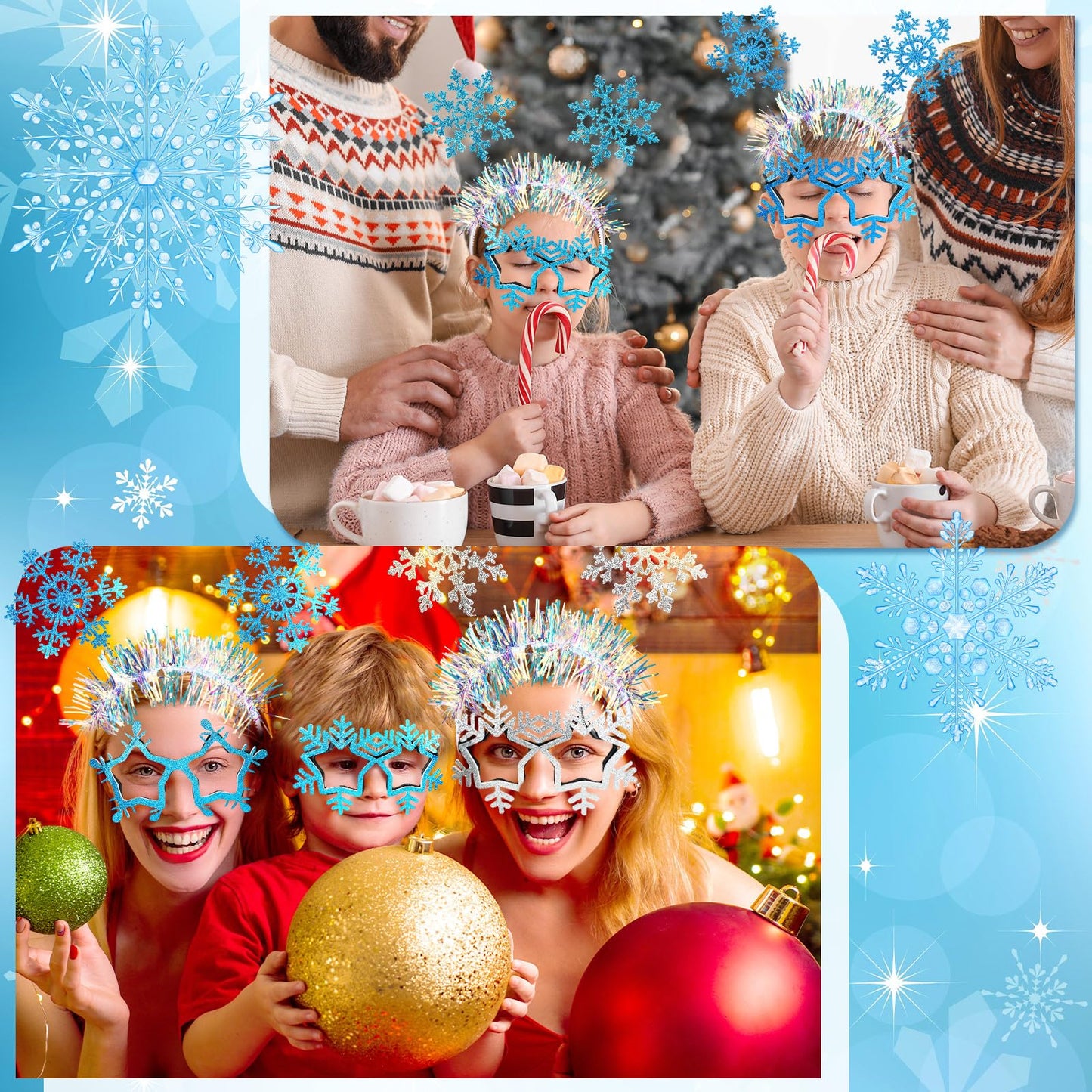 Riceshoot 12 Pcs Christmas Snowflake Headbands Snowflake Glasses Set Christmas Glittered Eyewear Headbands Accessories Party Favors