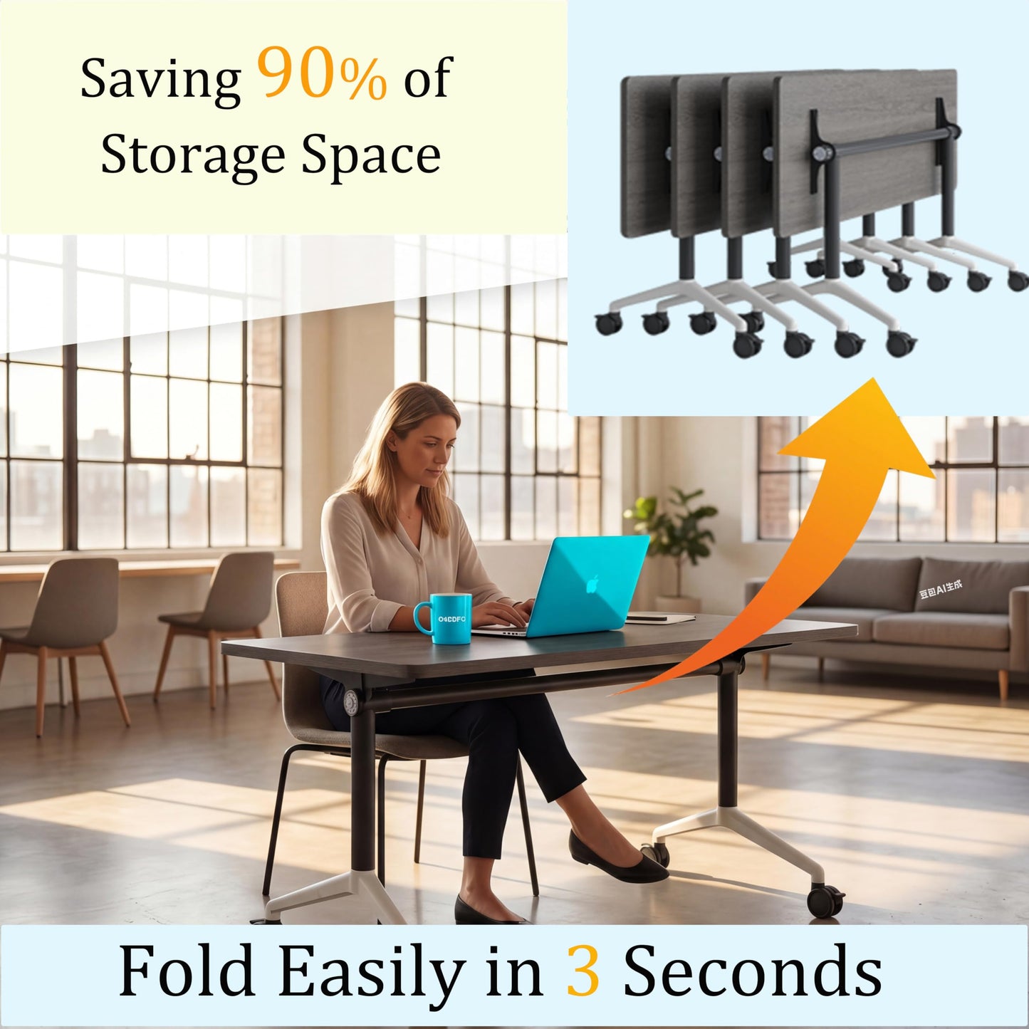 JNMDLAKO Modular Folding Conference Table with Locking Wheels, 10 Pack Flip Top Mobile Training Table, Modern Meeting Seminar Tables for Office, Hotel Conference Room(10,Grey,55" L x 21" W x 29" H)