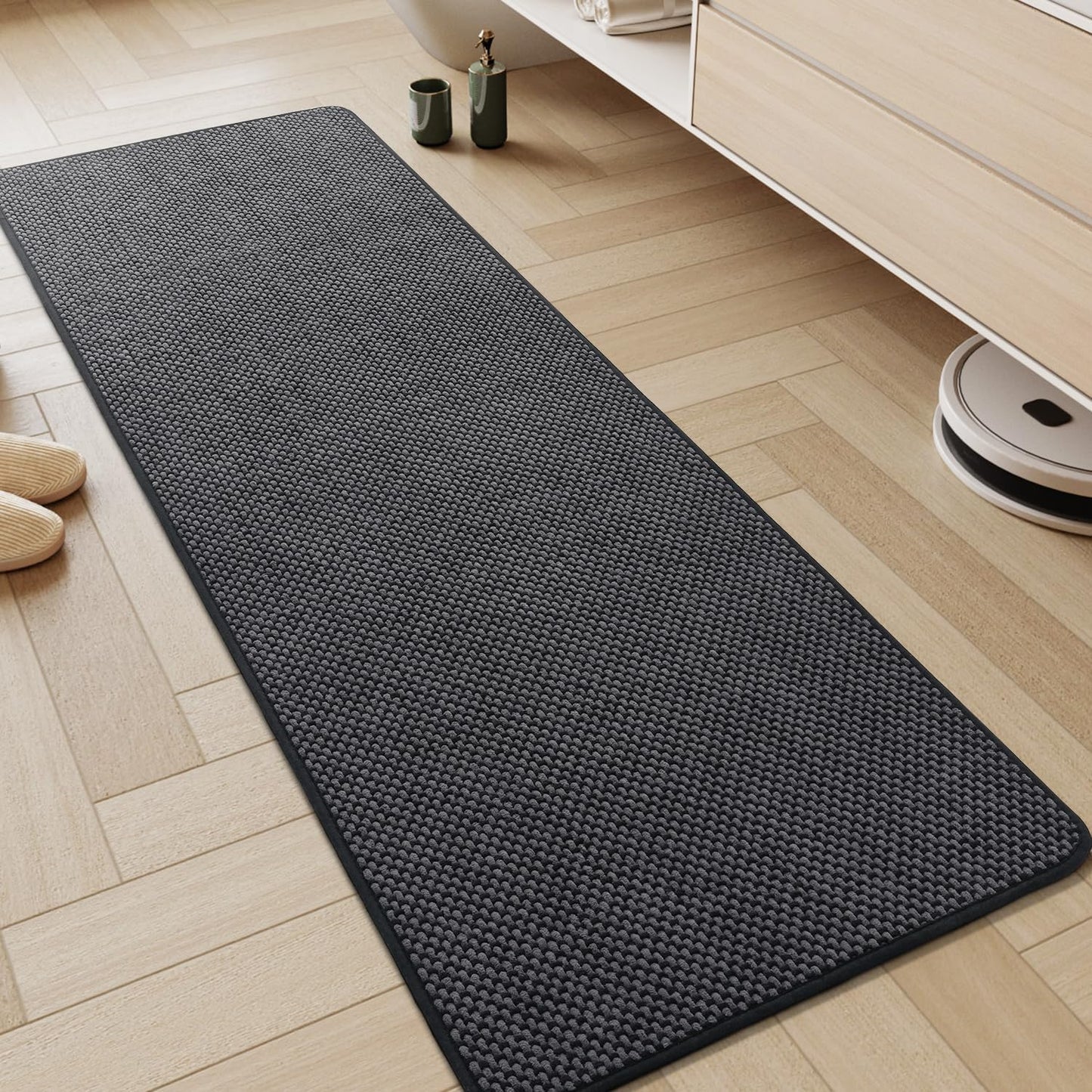 AMOAMI Chenille Bath Mat Super Absorbent Bathroom Mat Quick Dry Low Pile Bath Mats for Bathroom Washable Rubber Backed Bathroom Runners Fit Under Door, Front of Bathtub, Sink, Darkgrey&Black 24"x70"