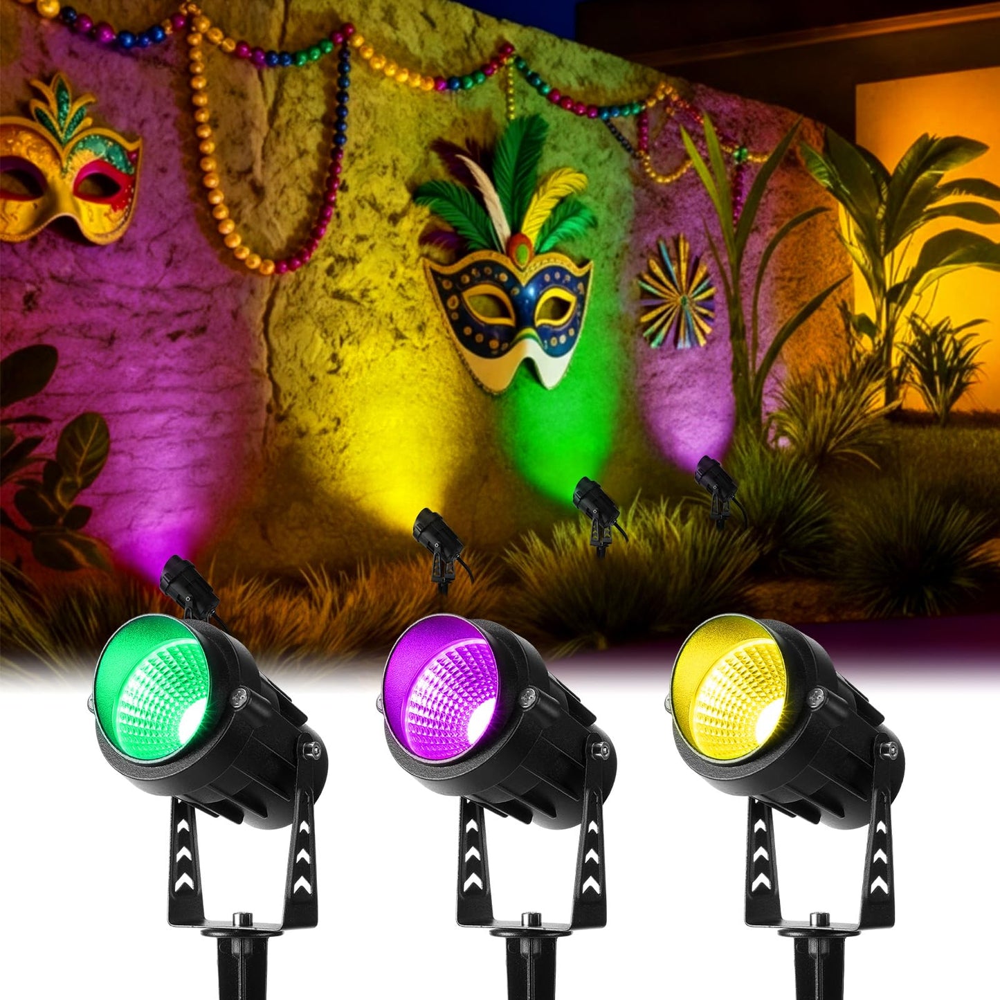 Grinsvalley 3 Pcs Mardi Gras Spotlight Outdoor Decorations Purple Green and Gold Spotlight Plug in Waterproof Spot Lights Landscape Lighting Carnival Lamp Yard Sign for Garden Outside Porch Supplies