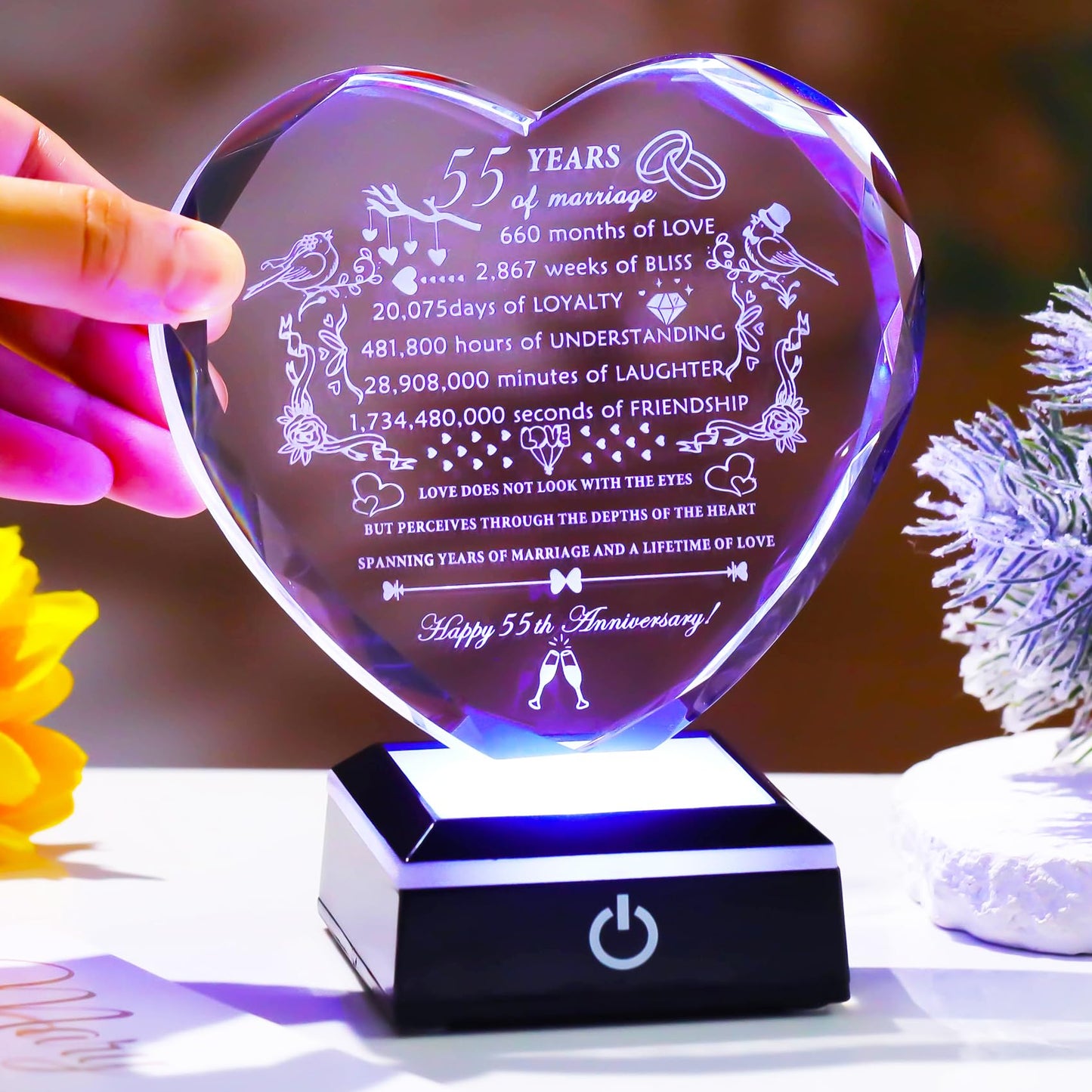 YWHL 55th Wedding Anniversary Heart Gifts with Colorful LED Base Engraved Happy 55th Anniversary Crystal Keepsake Gift for Couples Parents Romantic 55 Years of Marriage Gifts for Wife Husband