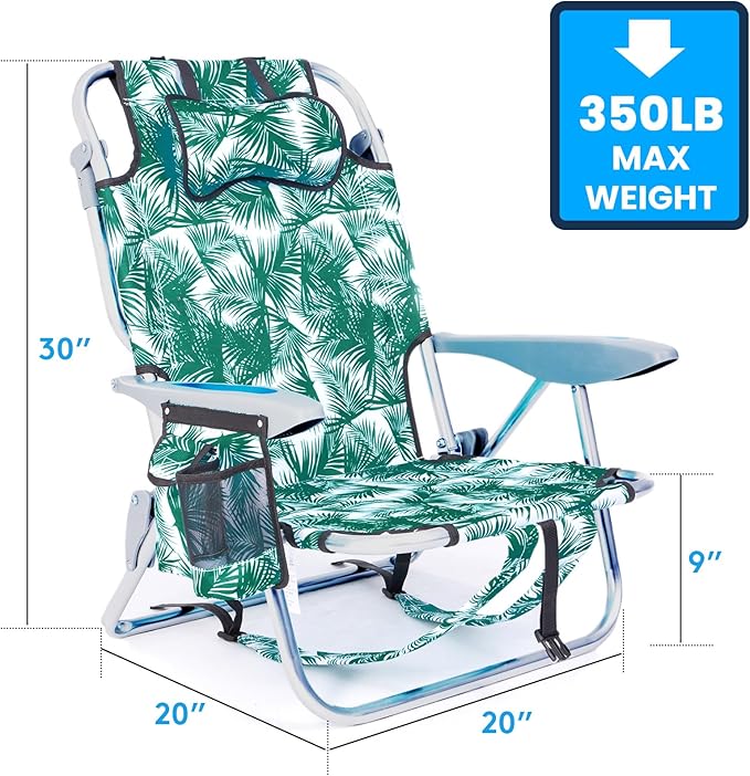Canpsky Portable Beach Chair for Adults, Outdoor Camping Chair Lay Flat Folding Backpack Beach Reclining Chair with 5 Positions, Headrest, Cup Holder, Heavy Leaf