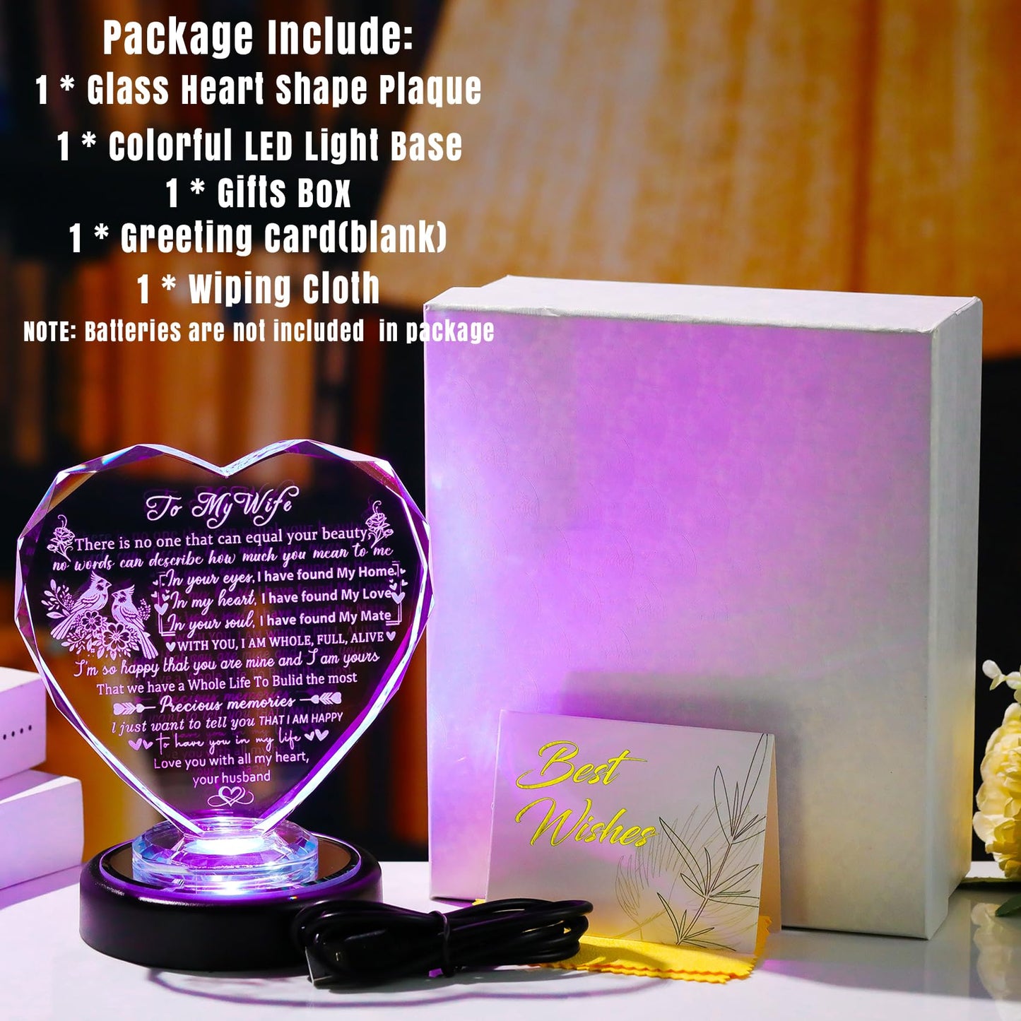 Gifts for Wife from Husband - Birthday Anniversary Romantic Presents for Her, Wife - to My Wife Glass Heart Keepsake with Colorful LED Base for Valentine's Day Mothers Day