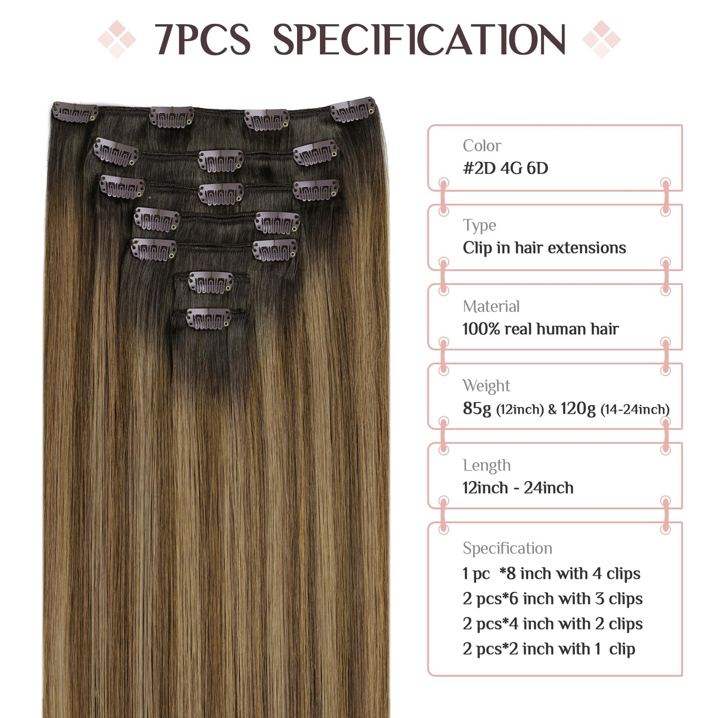 MAXITA Clip in Human Hair Extensions, 7PCS 120g Ash Dark Brown to Light Chestnut Brown, 16 Inch Straight Hair for Women