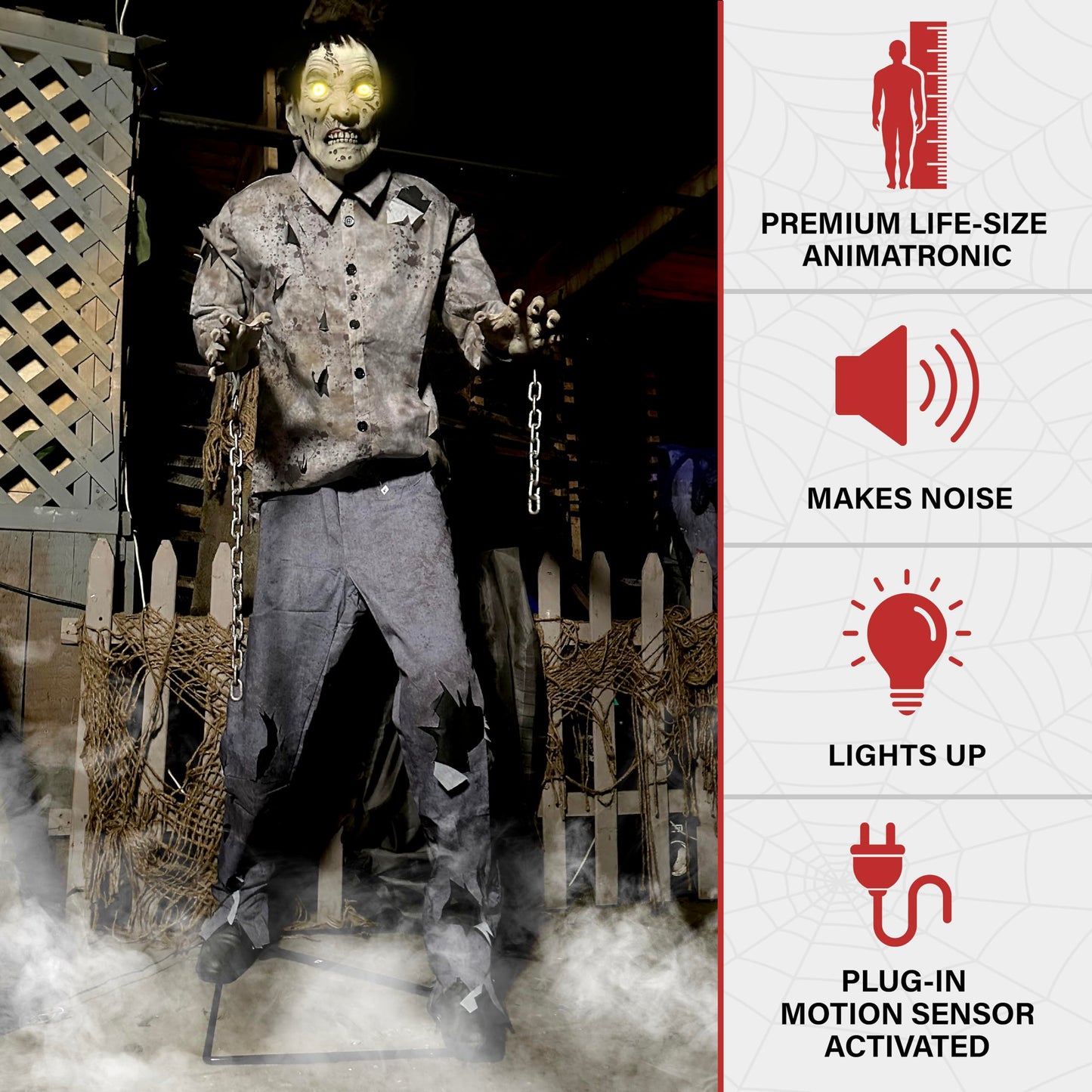 Haunted Hill Farm Motion-Activated 6-Ft. Tall Guard Zombie, Plug-in Scare Prop Animatronic with Spooky Sound Effects and Lights for Indoor or Covered Outdoor Creepy Halloween Decoration
