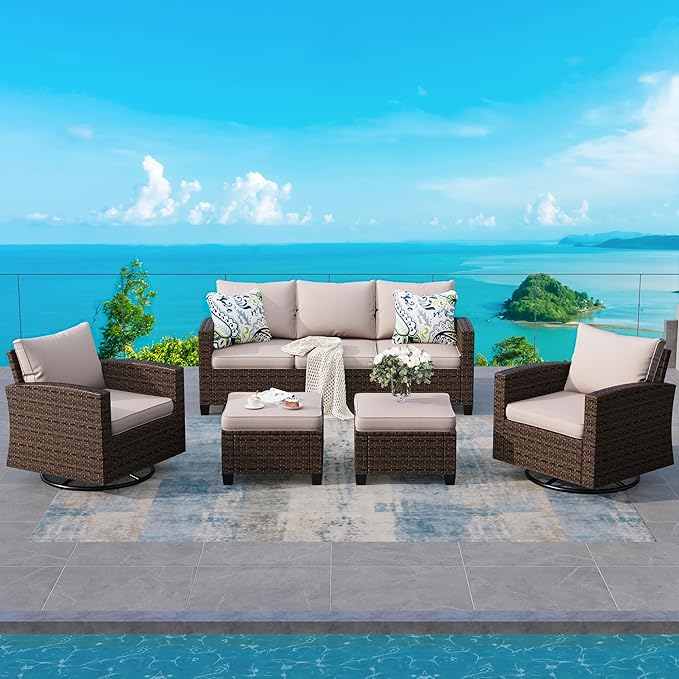 SUNSHINE VALLEY Swivel Glider Patio Furniture Set Outdoor Furniture Brown Wicker Rattan Patio Conversation Sets with Cushion Outside Sofa Set,5 Pieces 7 Seats,Beige
