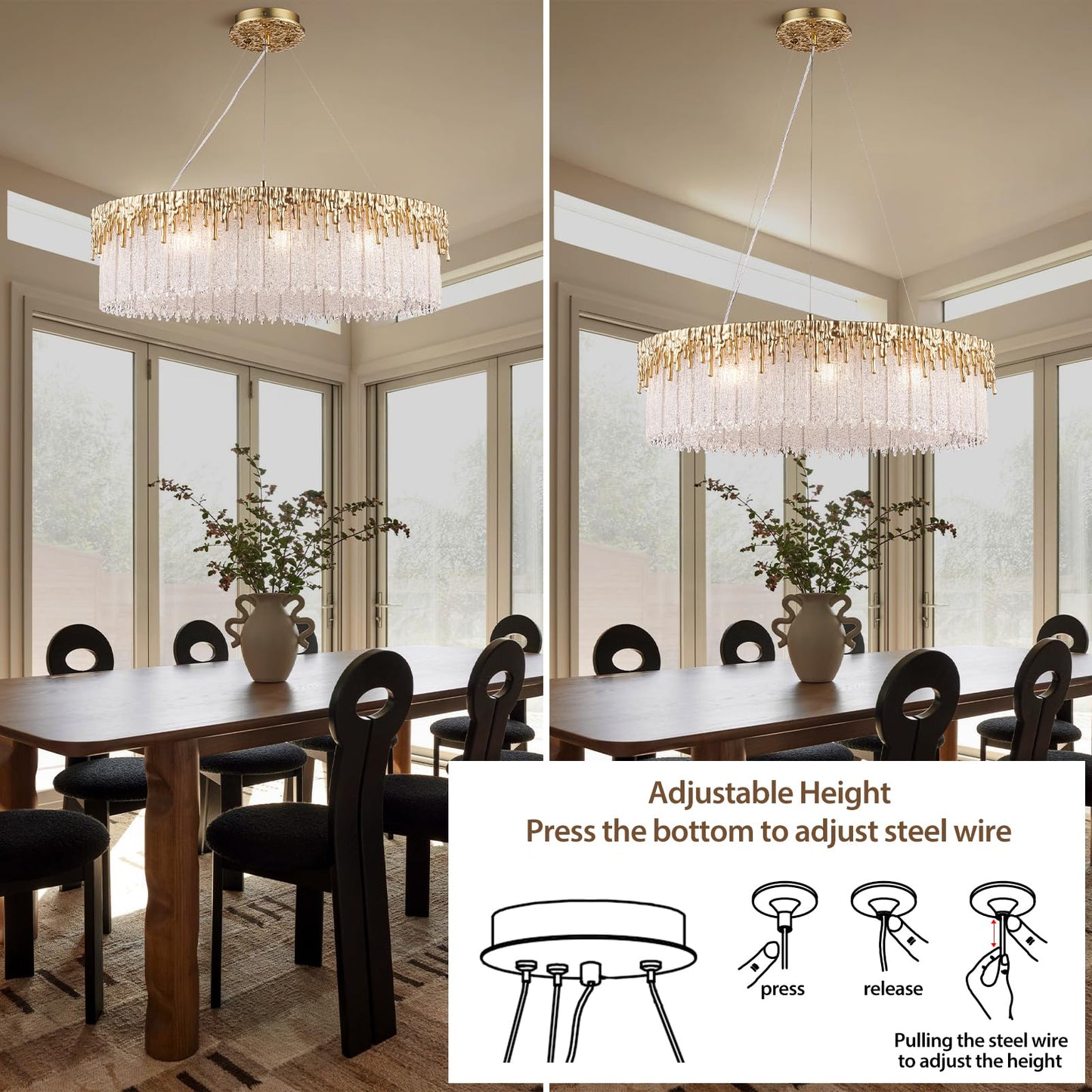 kvtinmty D23.6 Round Crystal Chandelier, Modern Gold Crystal Chandeliers for Dining Room, 10-Light Height Adjustable Chandelier for Living Room Bedroom Entryway Kitchen Island