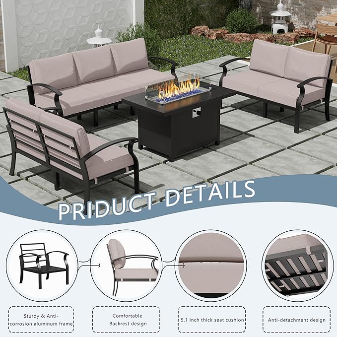 RTDTD Aluminum Outdoor Patio Furniture Set,4 Pieces 7 Seats Patio Conversation Sets with 45" Propane Fire Pit Table,Metal Patio Sectional Furniture Set w/5.1" Cushions for Porch,Deck,Backyard,Sand