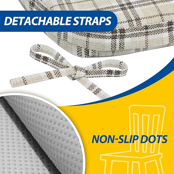 AAAAAcessories D-Shaped Chair Cushions, 2" Thick Dining Chair Pads with Ties and Removable, Machine-Washable Cover, 17" x 16", Set of 6, Yellow Checkered