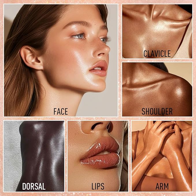 Highlighter Makeup Palette Shimmer Face Body Illuminator Glitter Highlighter Makeup Kit Long Lasting Highly Pigmented Highlighters Makeup Palette #4 Rose Champagne